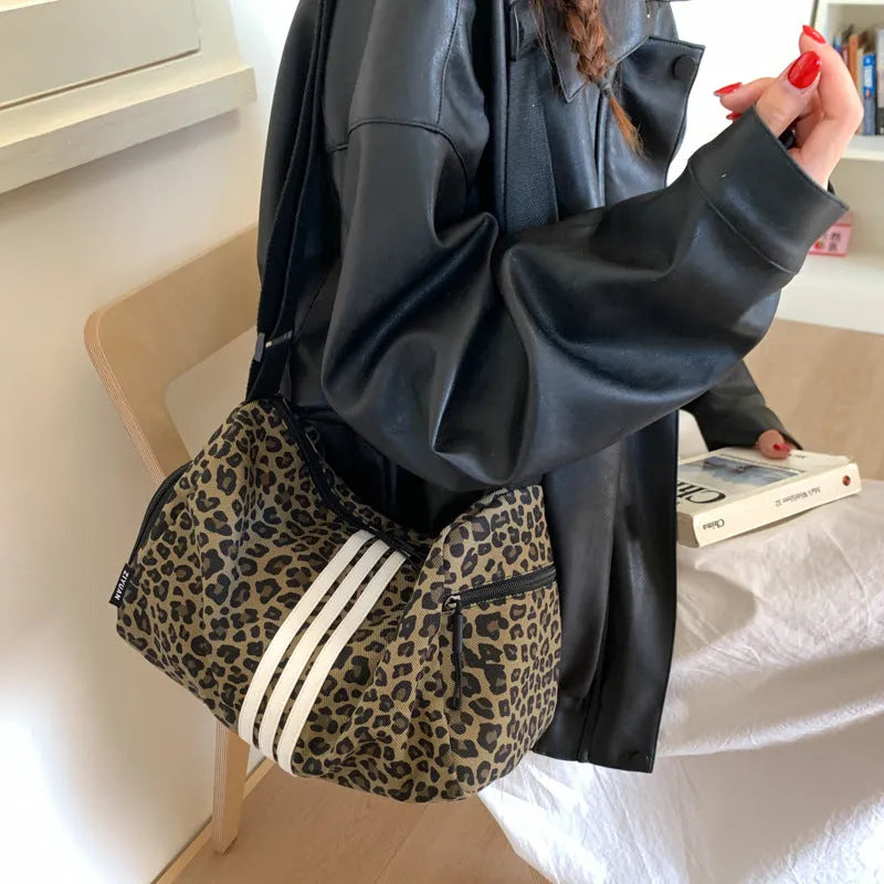 Leopard print sports style messenger shoulder bag with large capacity and cross-body strap
