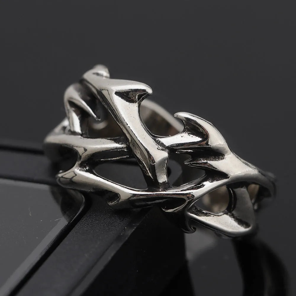 Copper thorn flower ring with geometric pattern and adjustable opening