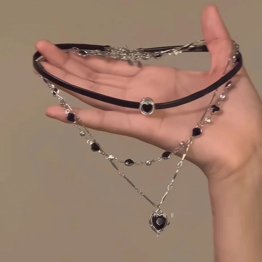 Women's adjustable leather chain necklace set with artificial crystal heart pendants in multi-layer design