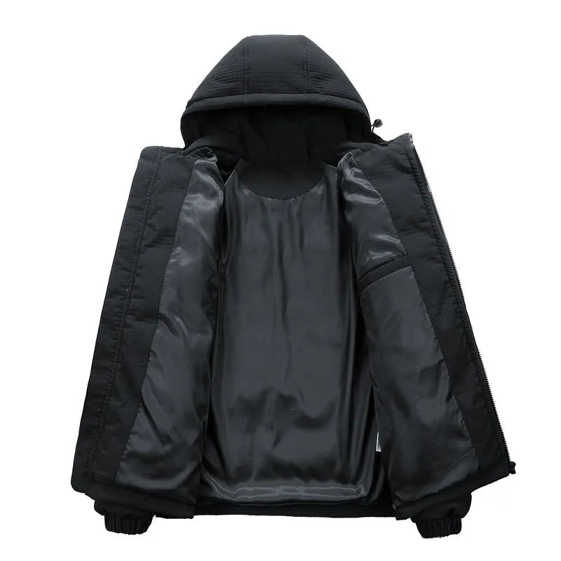 Men's black Korean style hooded coat with letter print and side seam pockets.