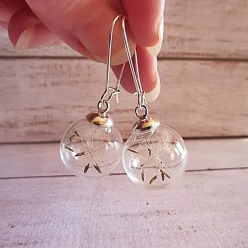 Transparent crystal dandelion seed glass ball earrings on French hook in silver and bronze finishes