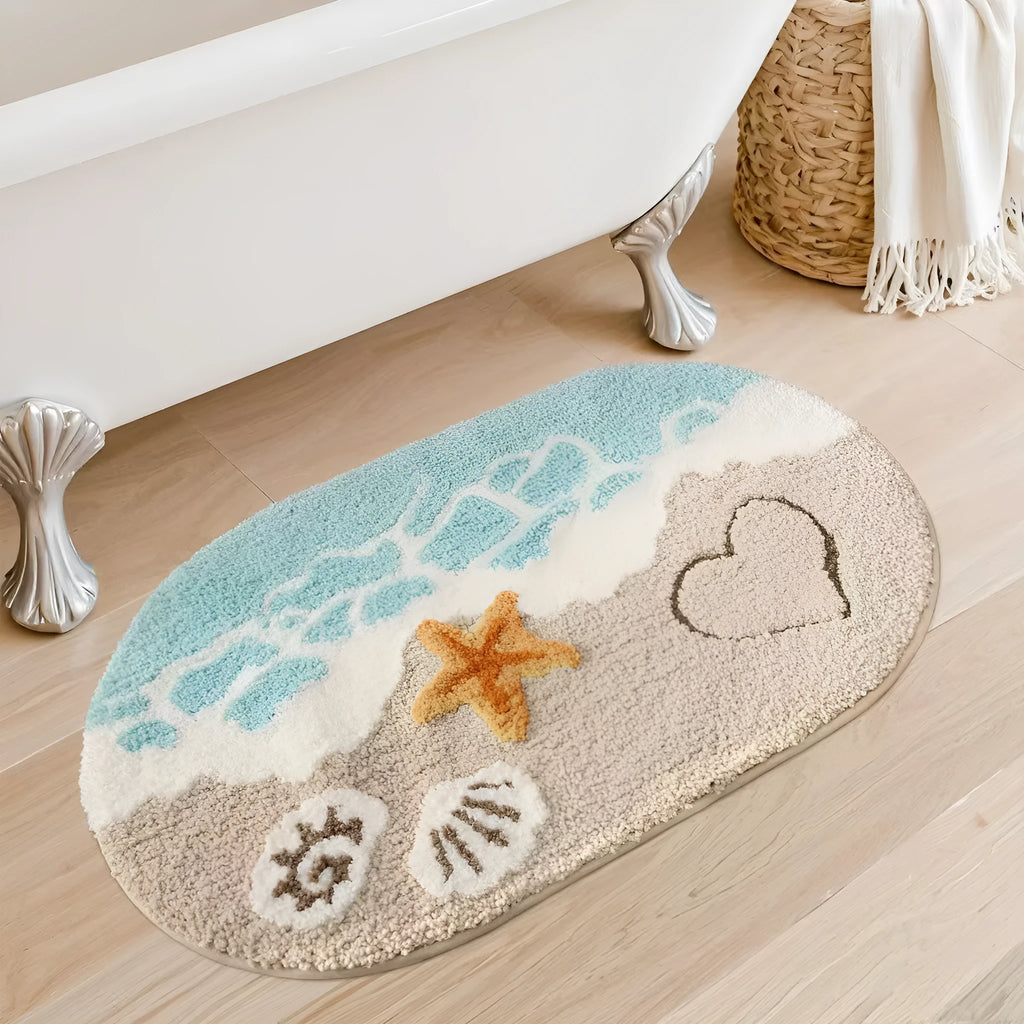 Square cashmere carpet floor mat with rainbow sky sea pattern and plastic bottom