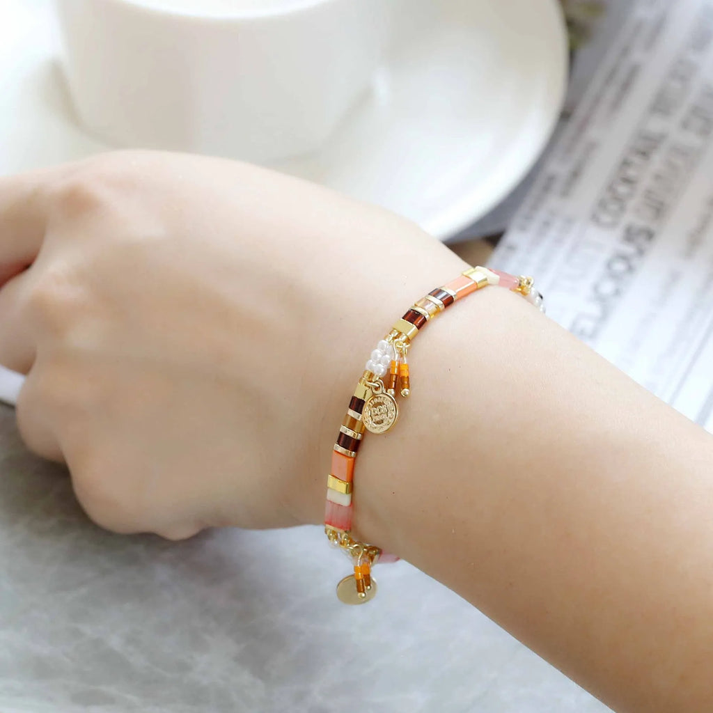 Women's glass coloured beaded bracelet with imitation pearl beads in European and American style