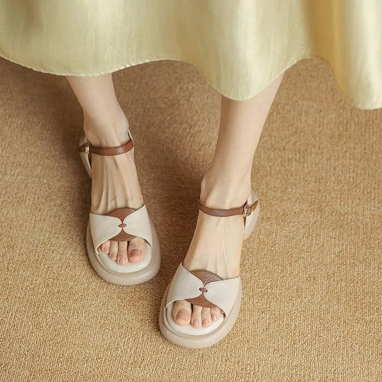 Women's chunky heel platform open toe sandals in khaki renewable leather