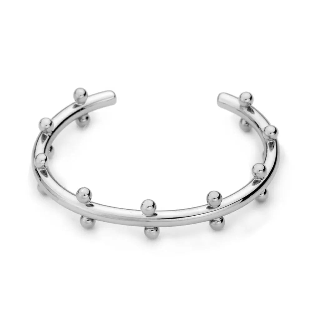 Stainless steel C-shaped bean bead bracelet with textured rivet finish on an alloy chain.