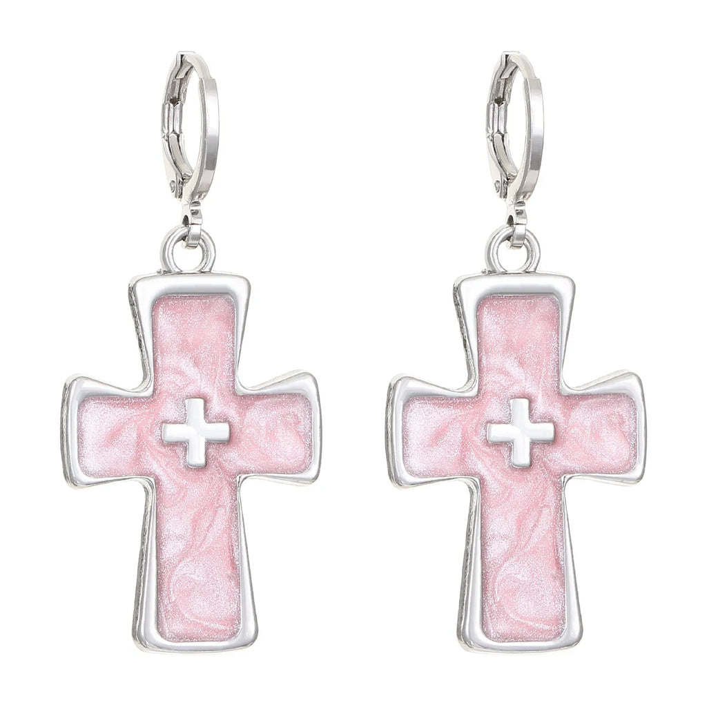 Women's alloy drop earrings featuring cross, heart, and cat charms in white, black, and antique silver finishes.