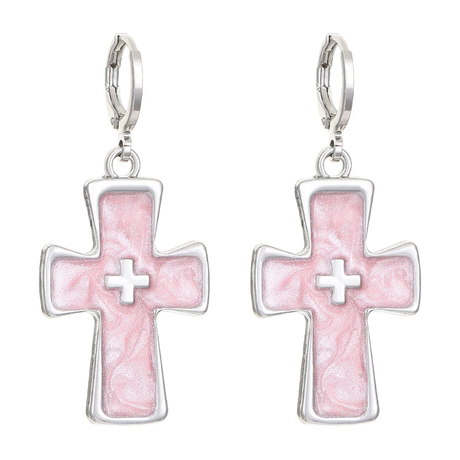 Women's alloy drop earrings featuring cross, heart, and cat charms in white, black, and antique silver finishes.