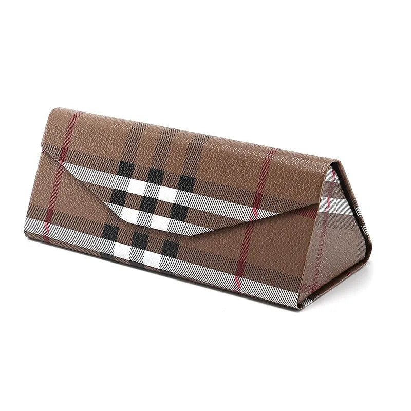 Handmade triangular folding glasses case in PU cowhide with visible stitching, shown closed and opened