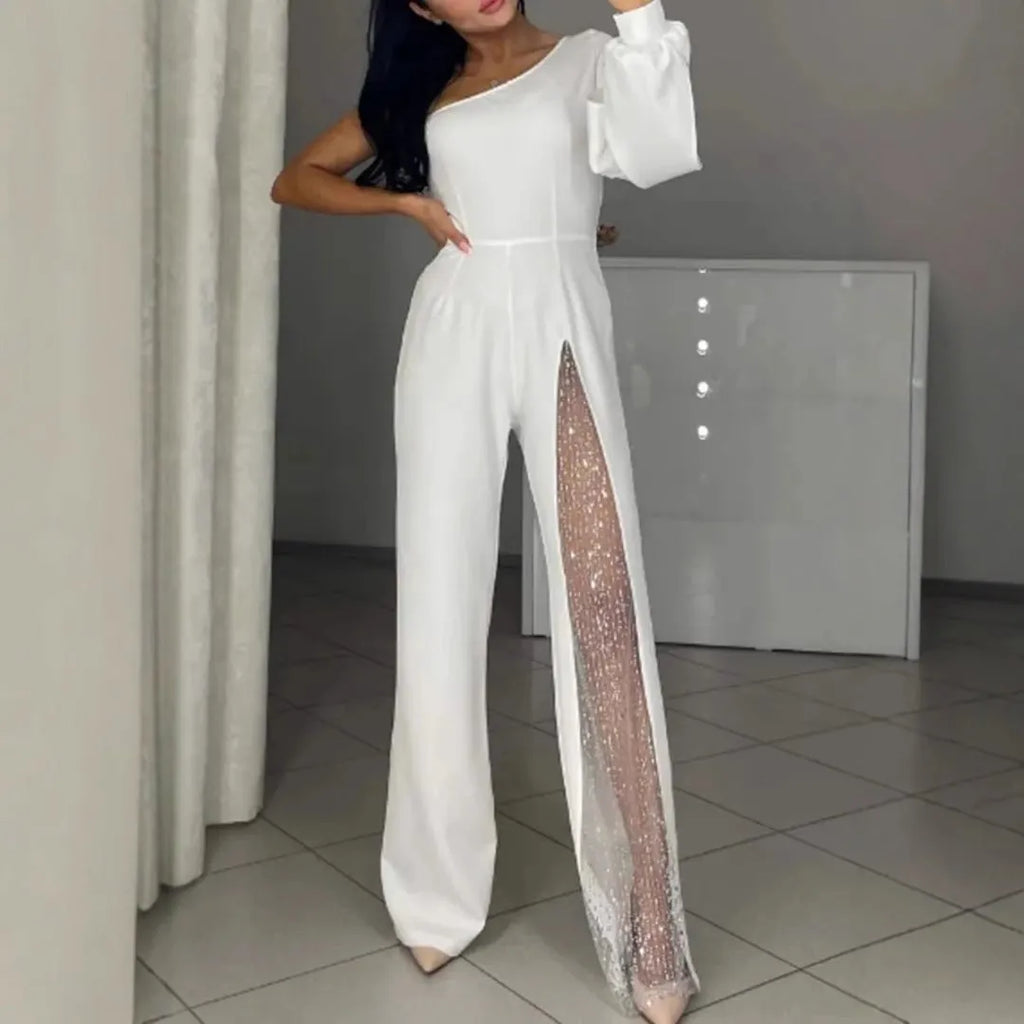 Women's black oblique shoulder jumpsuit with high side slit and long sleeves