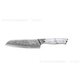 Damascus pattern chef's knife with VG10 steel blade and modern handle on a kitchen counter.