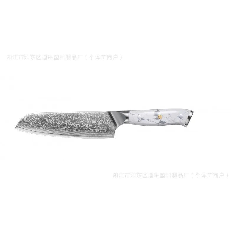 Damascus pattern chef's knife with VG10 steel blade and modern handle on a kitchen counter.