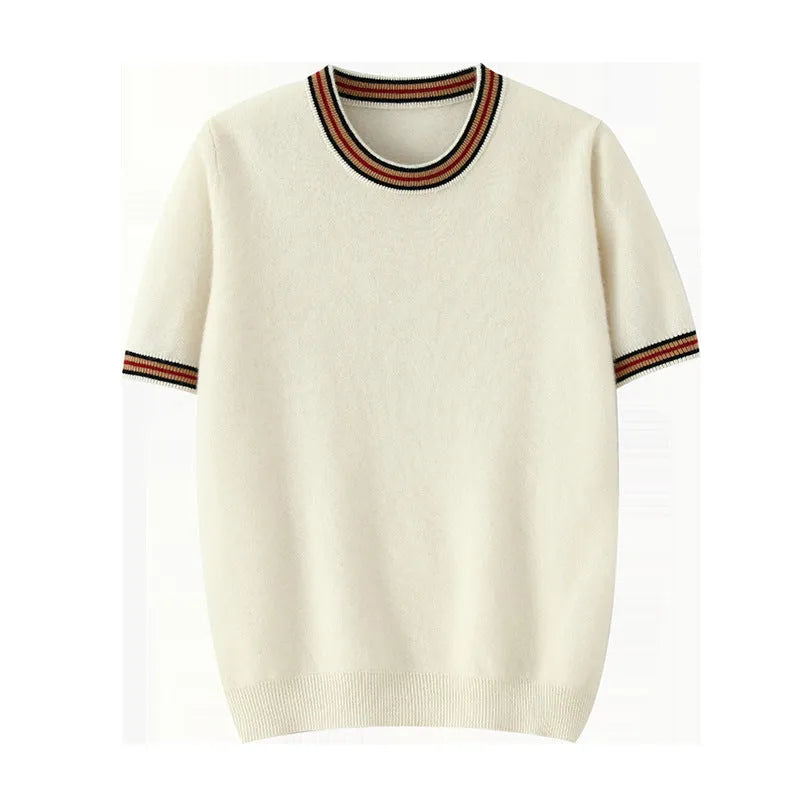 Men's pure wool short sleeve round neck sweater in grey displayed flat