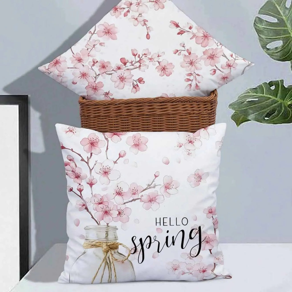Square short velvet cushion cover with cherry blossom and letter print in 45cm size.