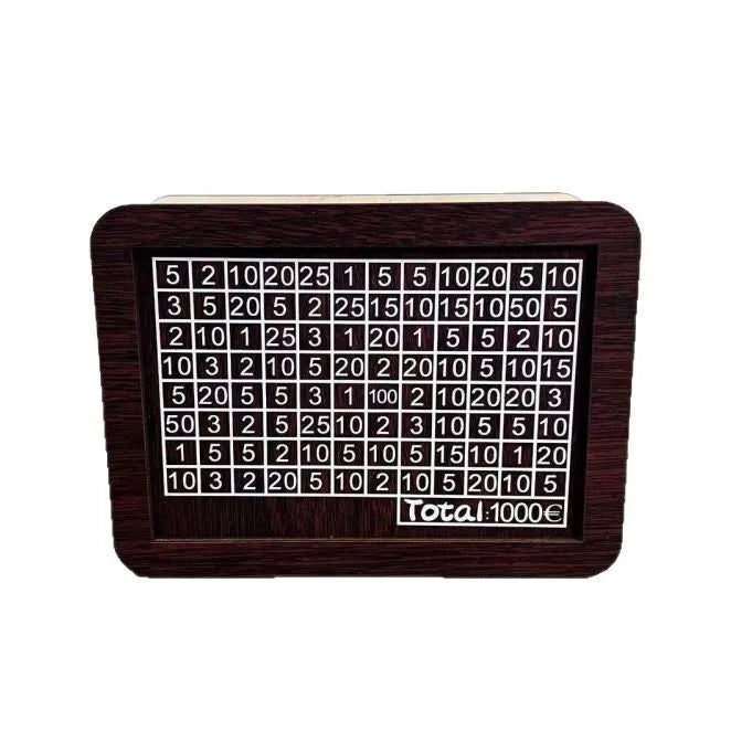 Wooden digital coin bank with retro design showing multiple currency theme options