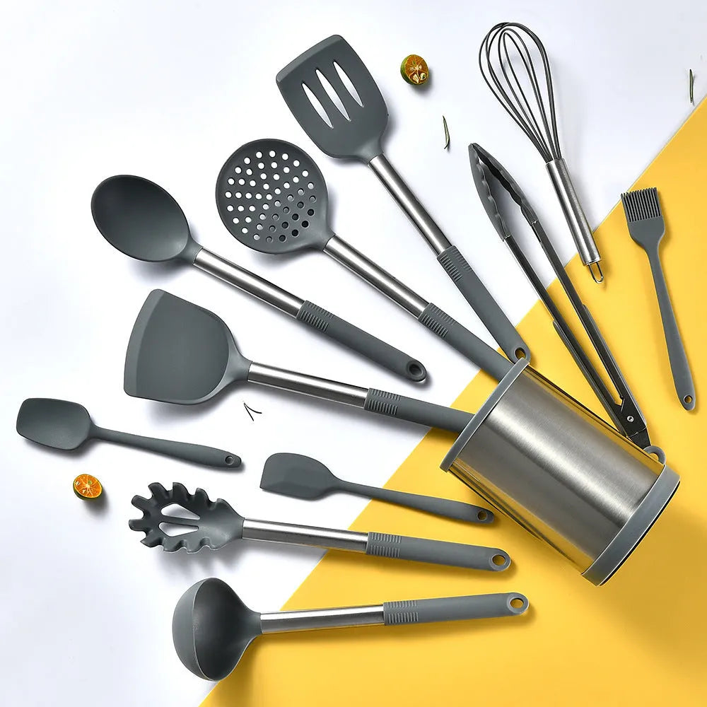 12-piece silicone kitchen utensil set with rotating storage bucket in black, dark gray or khaki