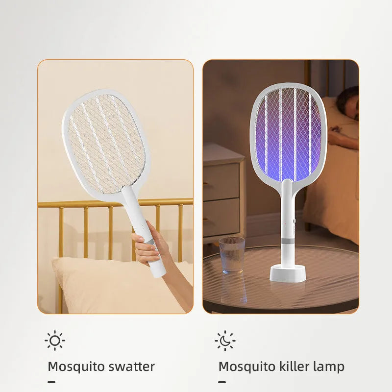 Handheld rechargeable electric mosquito swatter bug zapper in 959 and 996 colour options.