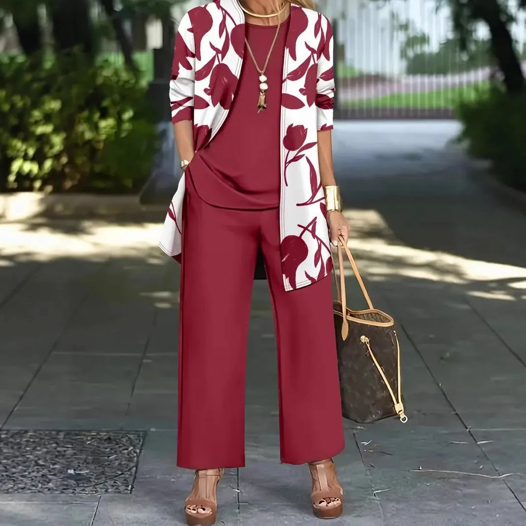Women's printed three-piece casual suit set in polyester, showing jacket, vest, and trousers.