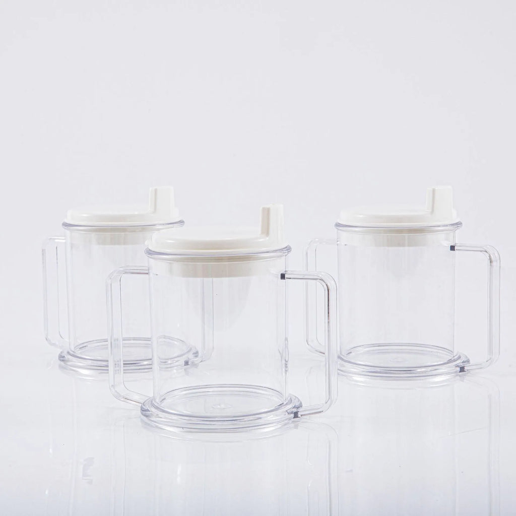 Transparent spill-proof drinking cup with modern design showing dimensions