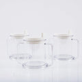 Transparent spill-proof drinking cup with modern design showing dimensions