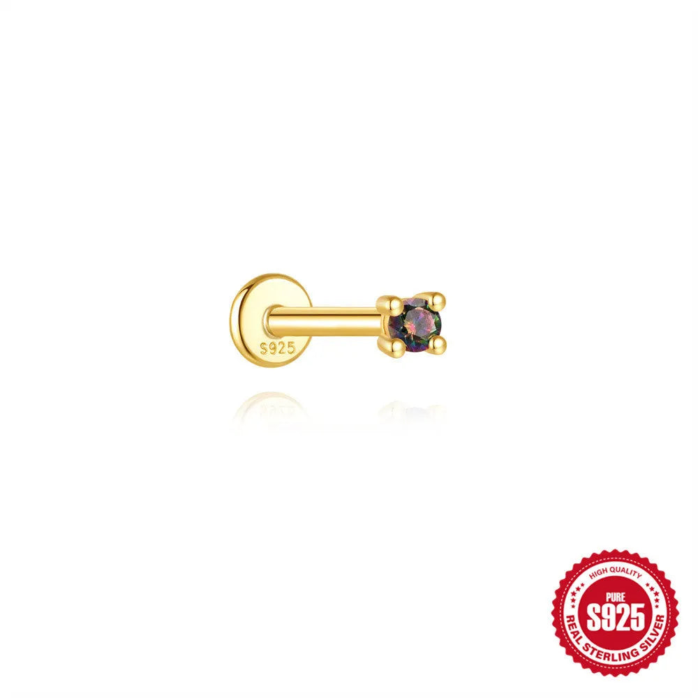 S925 sterling silver threaded ear piercing with super shiny flat head and rainbow stone in a gold colour.