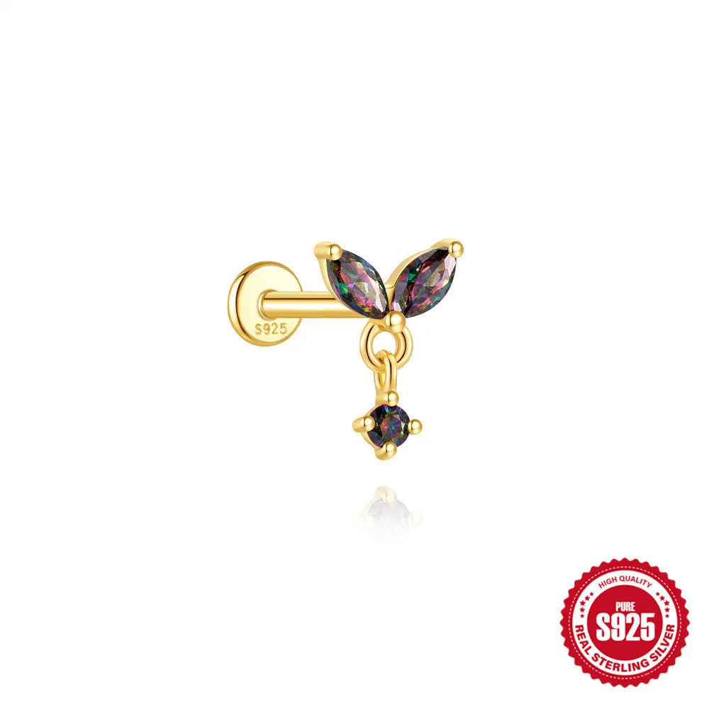 S925 sterling silver threaded ear piercing with super shiny flat head and rainbow stone in a gold colour.