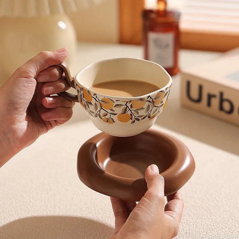 Medieval style ceramic coffee cup and saucer set in black or orange colour with 210ml capacity