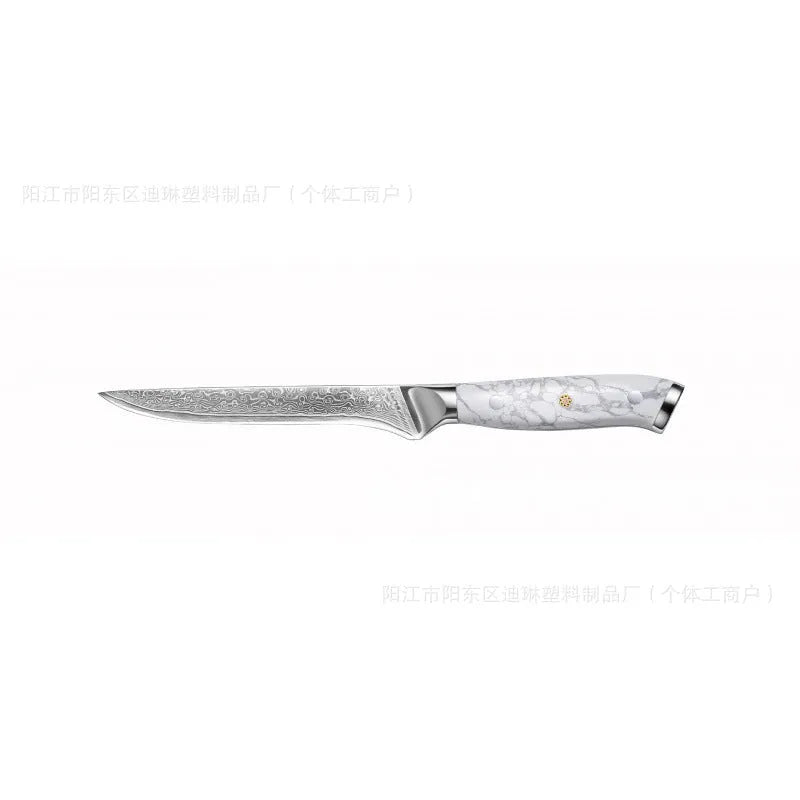 Damascus pattern chef's knife with VG10 steel blade and modern handle on a kitchen counter.