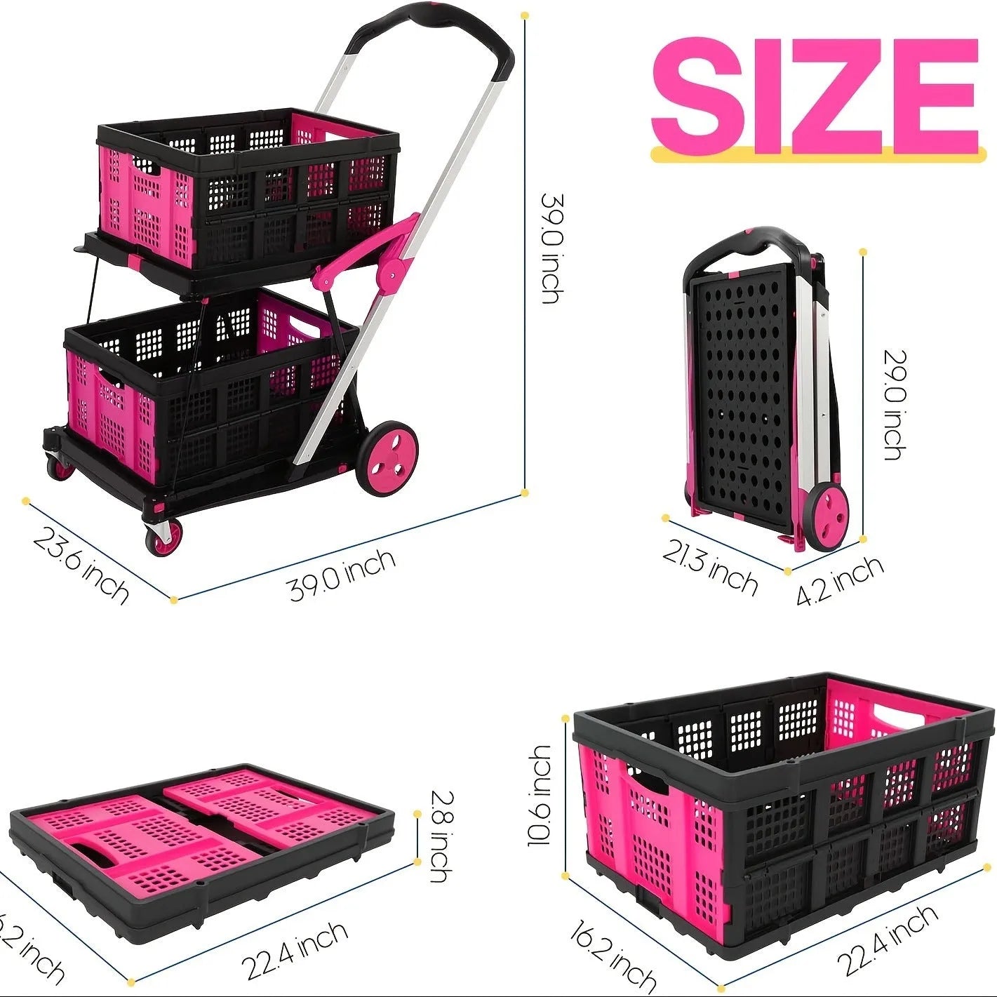 Foldable blue shopping cart with double-layer plastic baskets for grocery transport