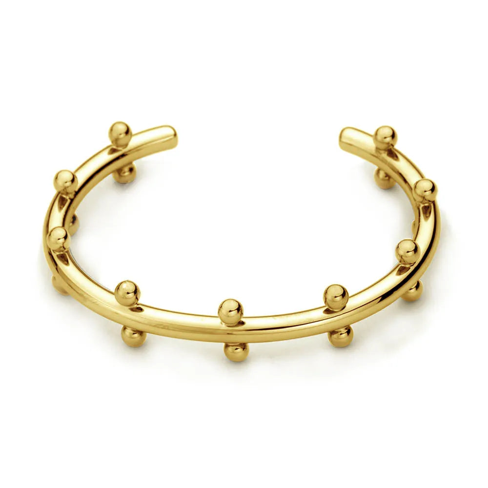 Stainless steel C-shaped bean bead bracelet with textured rivet finish on an alloy chain.
