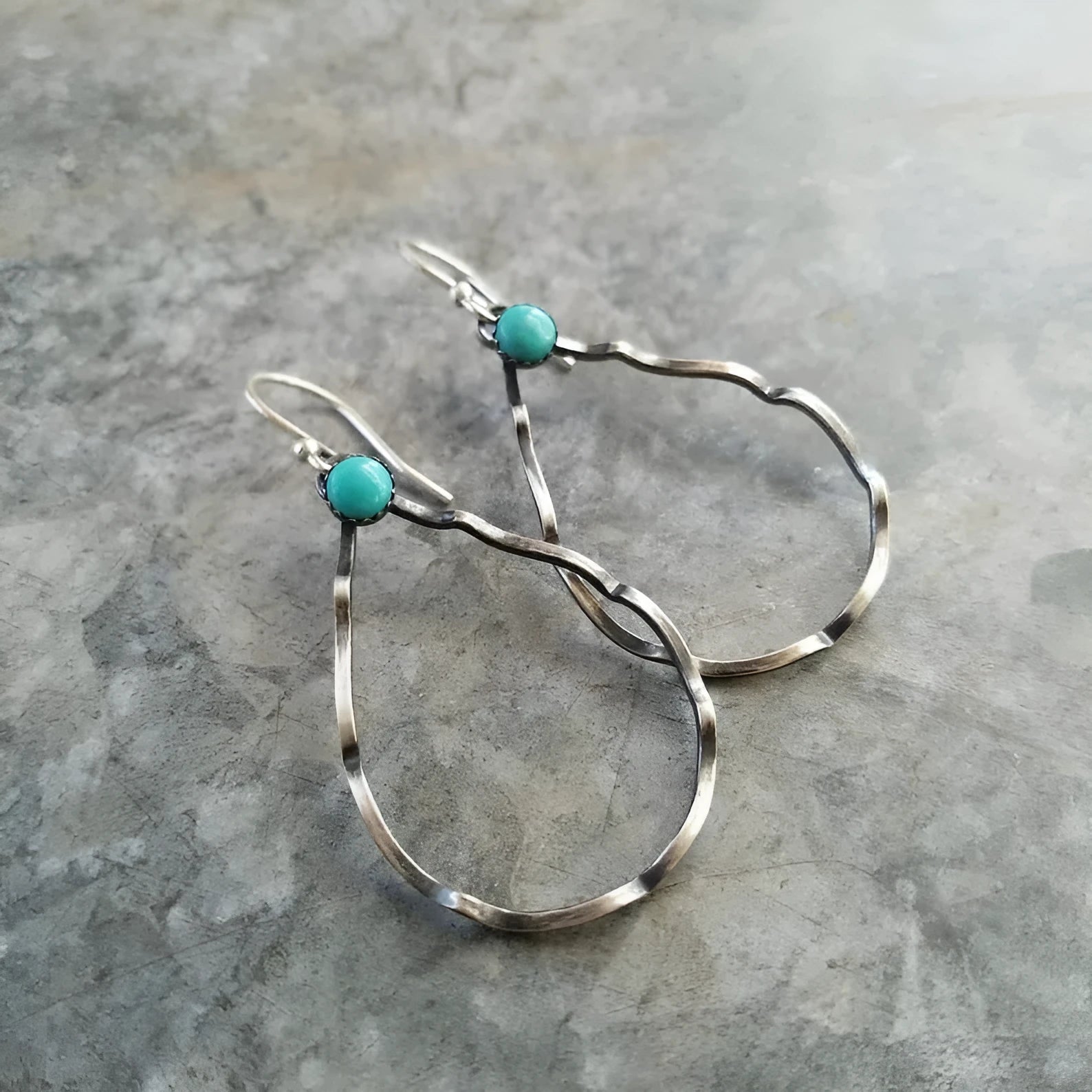 Bohemian geometric circle drop earrings in antique silver alloy with turquoise-inspired design