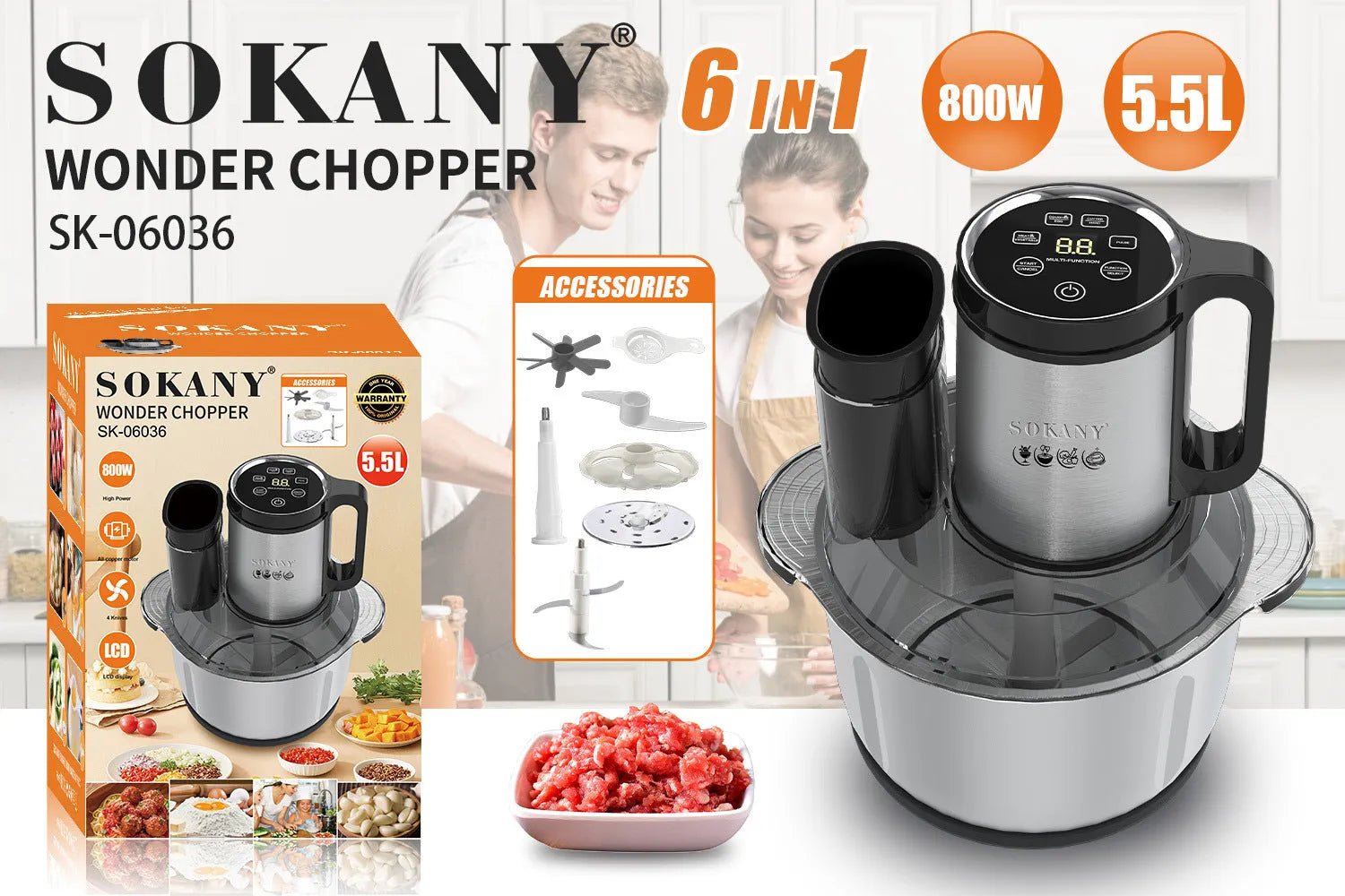 Stainless steel meat grinder with 5-10 litre capacity in 06036 grey colour