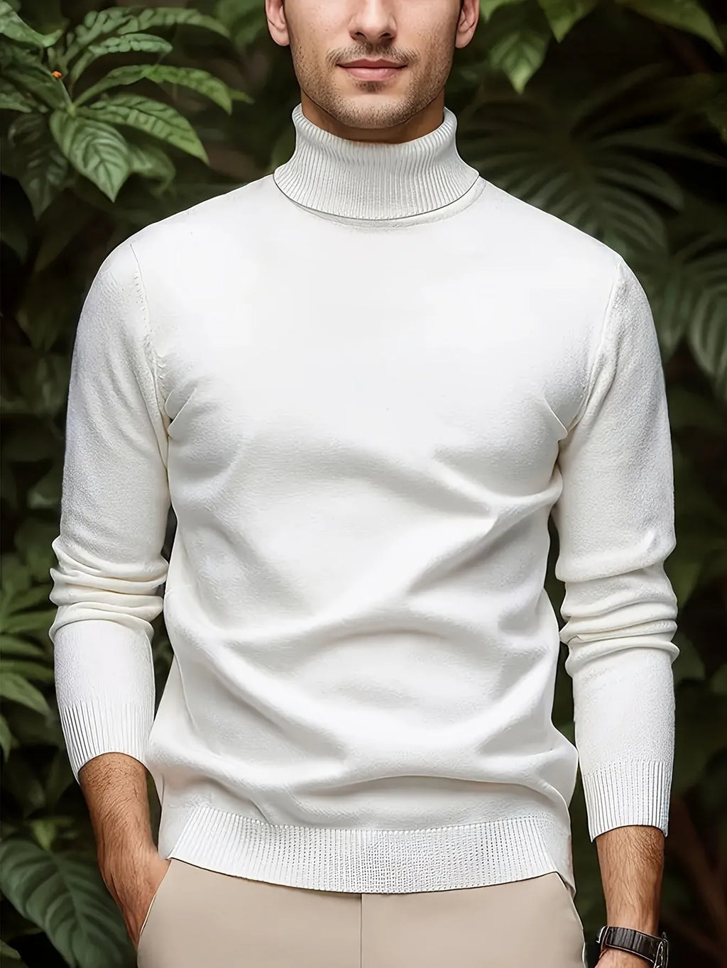 Men's solid colour soft viscose turtleneck sweater in black, front view