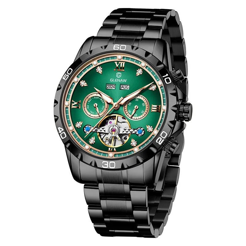 Men's automatic mechanical watch with stainless steel band and mineral glass crystal in silver case blue surface