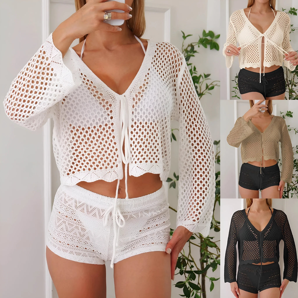 Women's apricot hollow woven cardigan blouse with bell sleeves laid flat