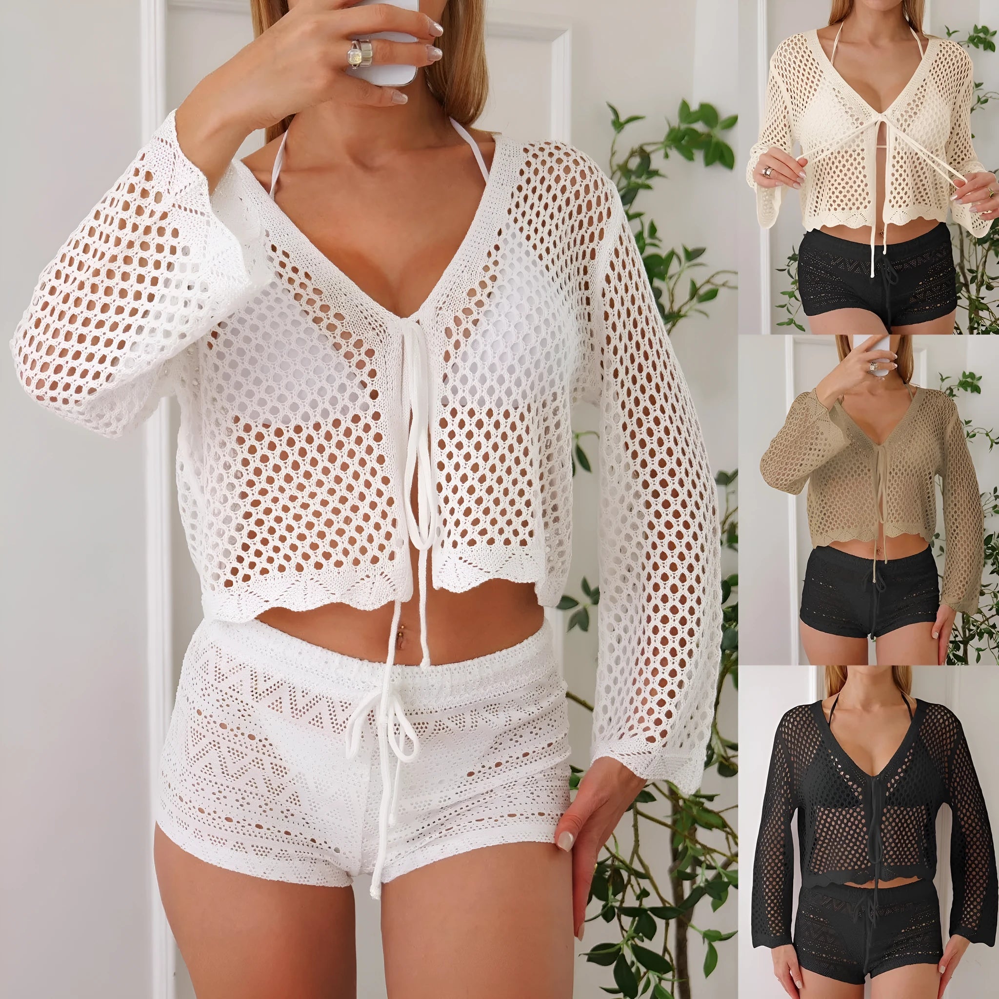 Women's apricot hollow woven cardigan blouse with bell sleeves laid flat