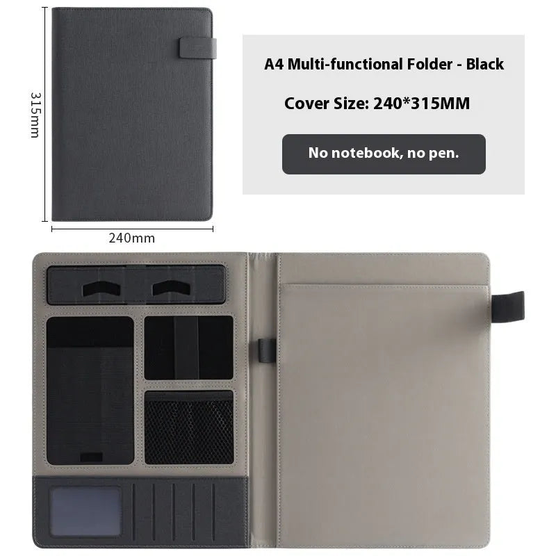 Black leather A4 business folder with pen holder and notepad accessories
