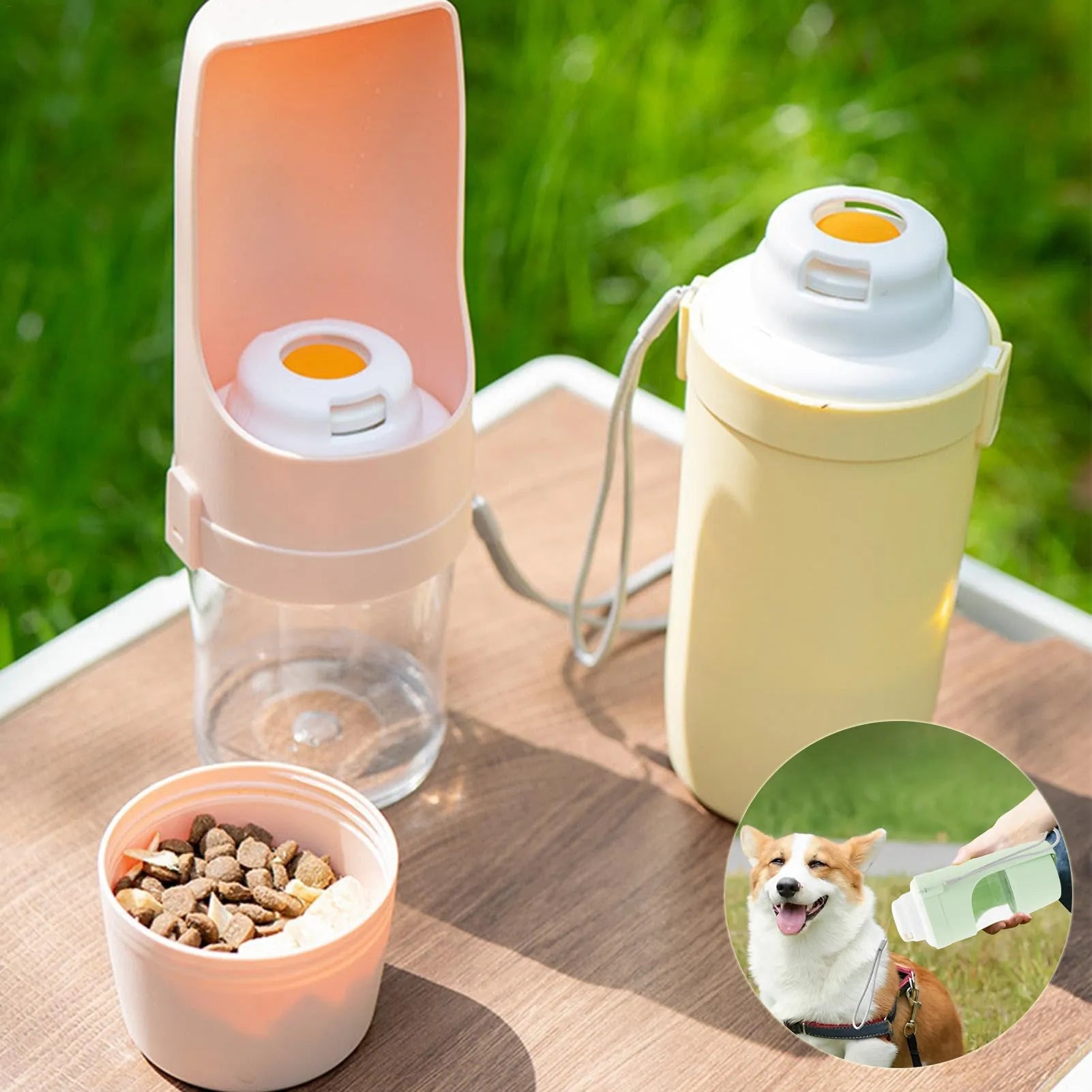 Green 2-in-1 travel dog water bottle and feeder with lanyard, showing folded size.