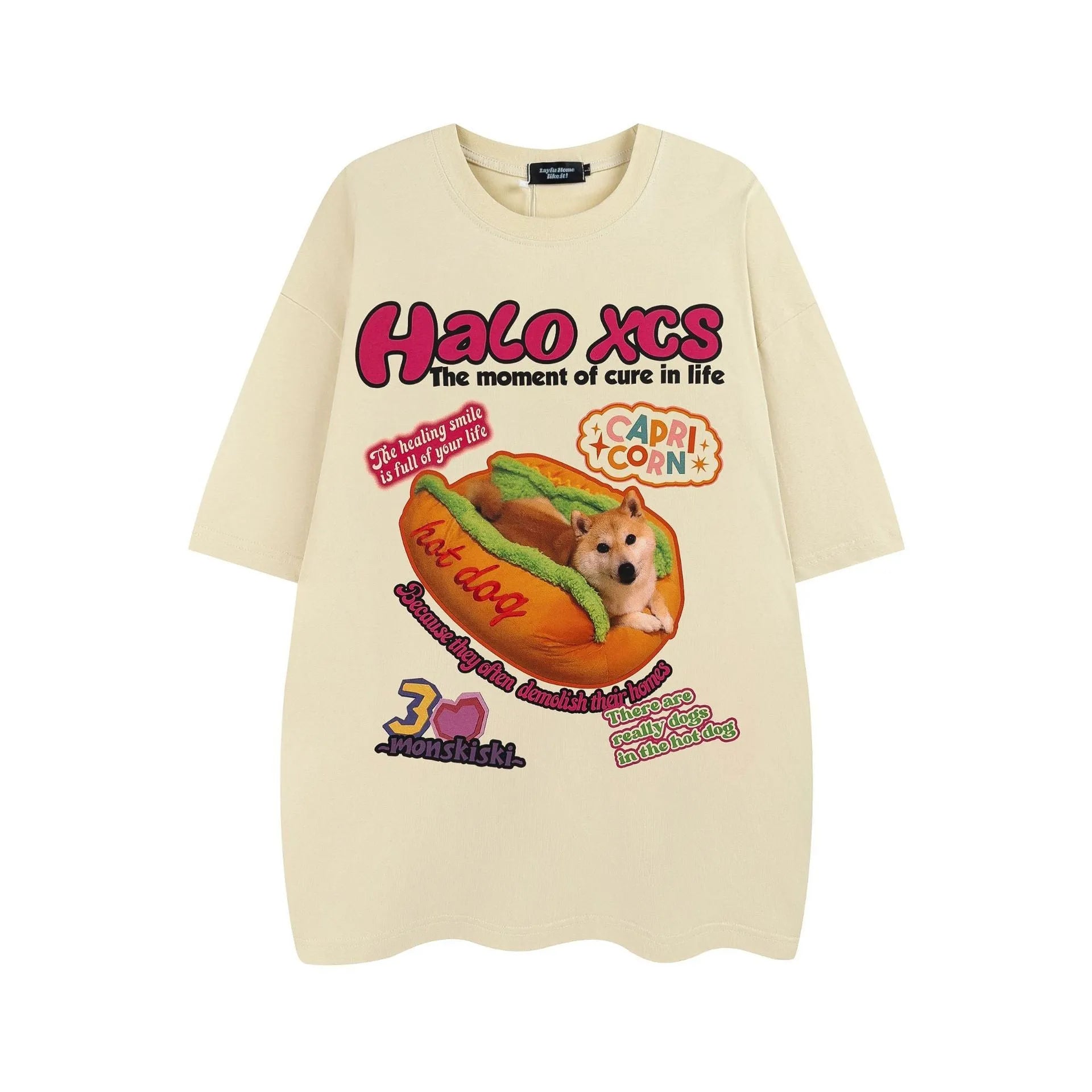 Cartoon hamburger dog printed loose fit cotton T-shirt in white, apricot, or sky blue colour.
