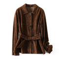 Women's retro-style cashmere coat with Peter Pan collar in yellow brown colour showing leather stitching details