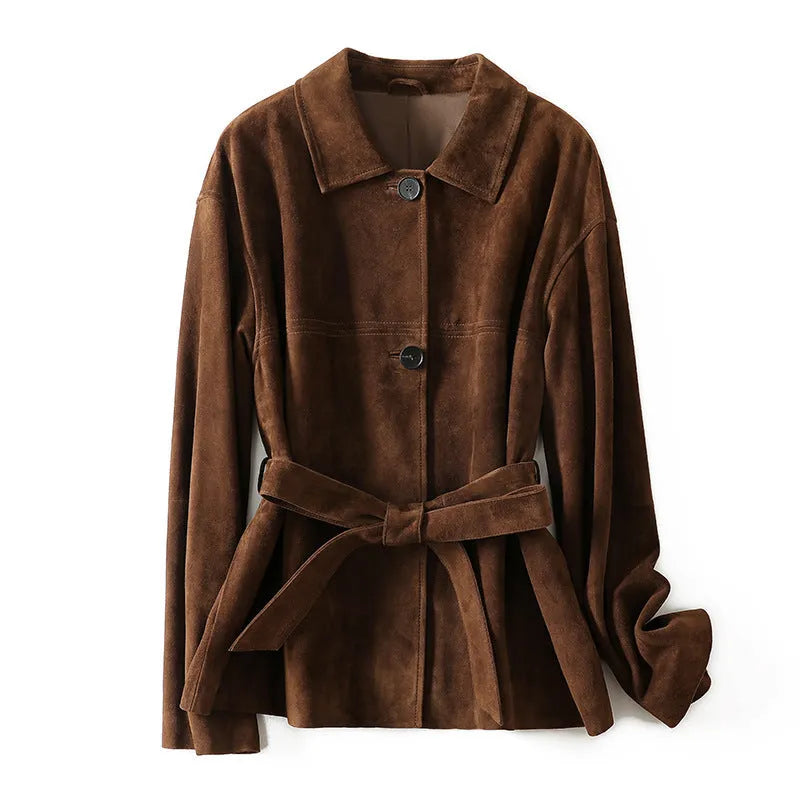 Women's retro-style cashmere coat with Peter Pan collar in yellow brown colour showing leather stitching details