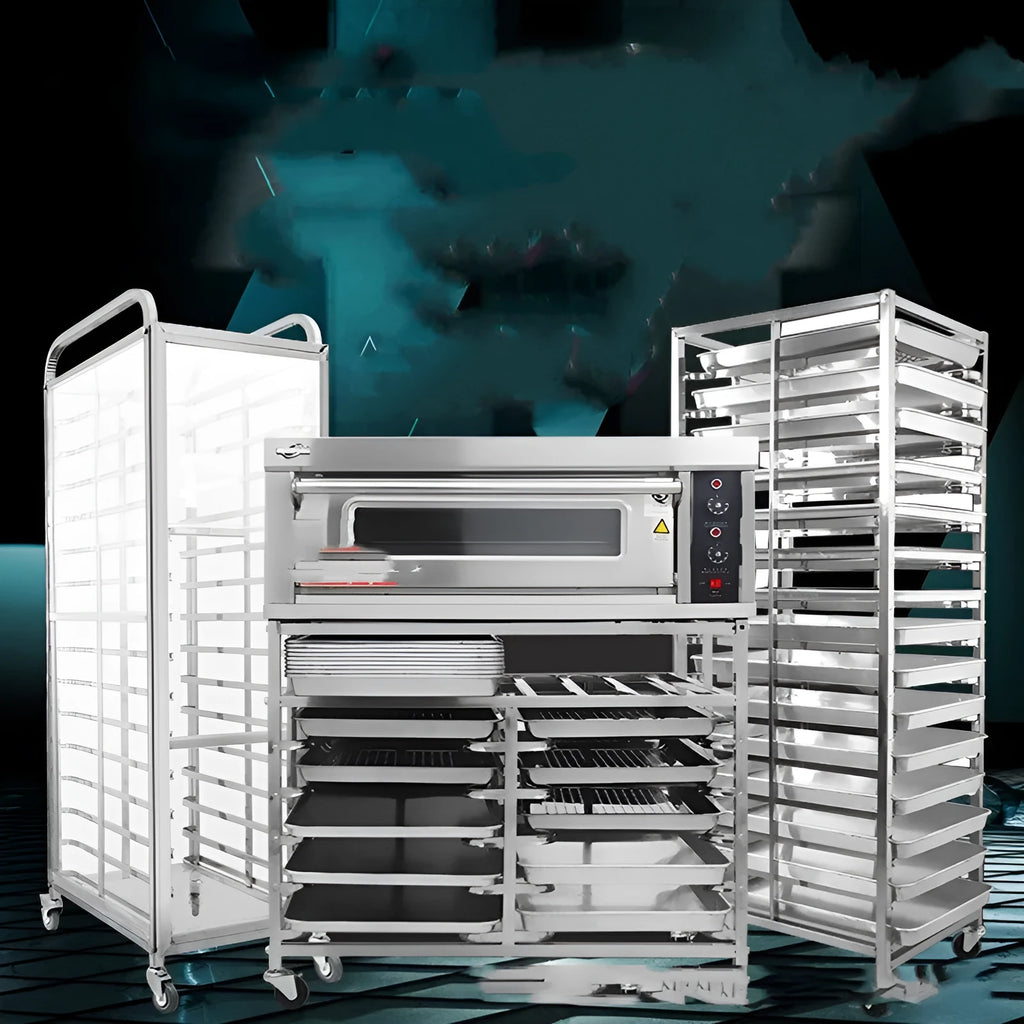 Stainless steel six-layer baking tray rack for 40x60cm sheets in a commercial kitchen.
