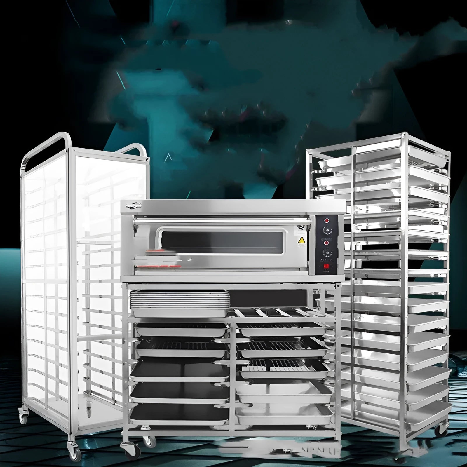 Stainless steel six-layer baking tray rack for 40x60cm sheets in a commercial kitchen.