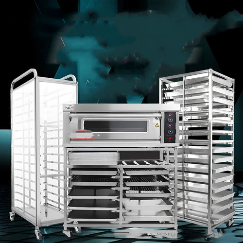 Stainless steel six-layer baking tray rack for 40x60cm sheets in a commercial kitchen.