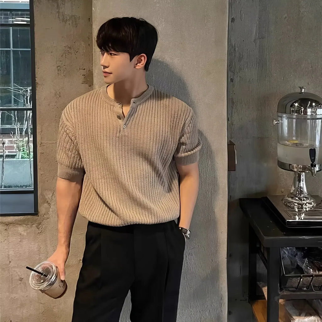 Men's short sleeve vertical stripes ice silk slim fit pullover shirt in black, white, and khaki colours