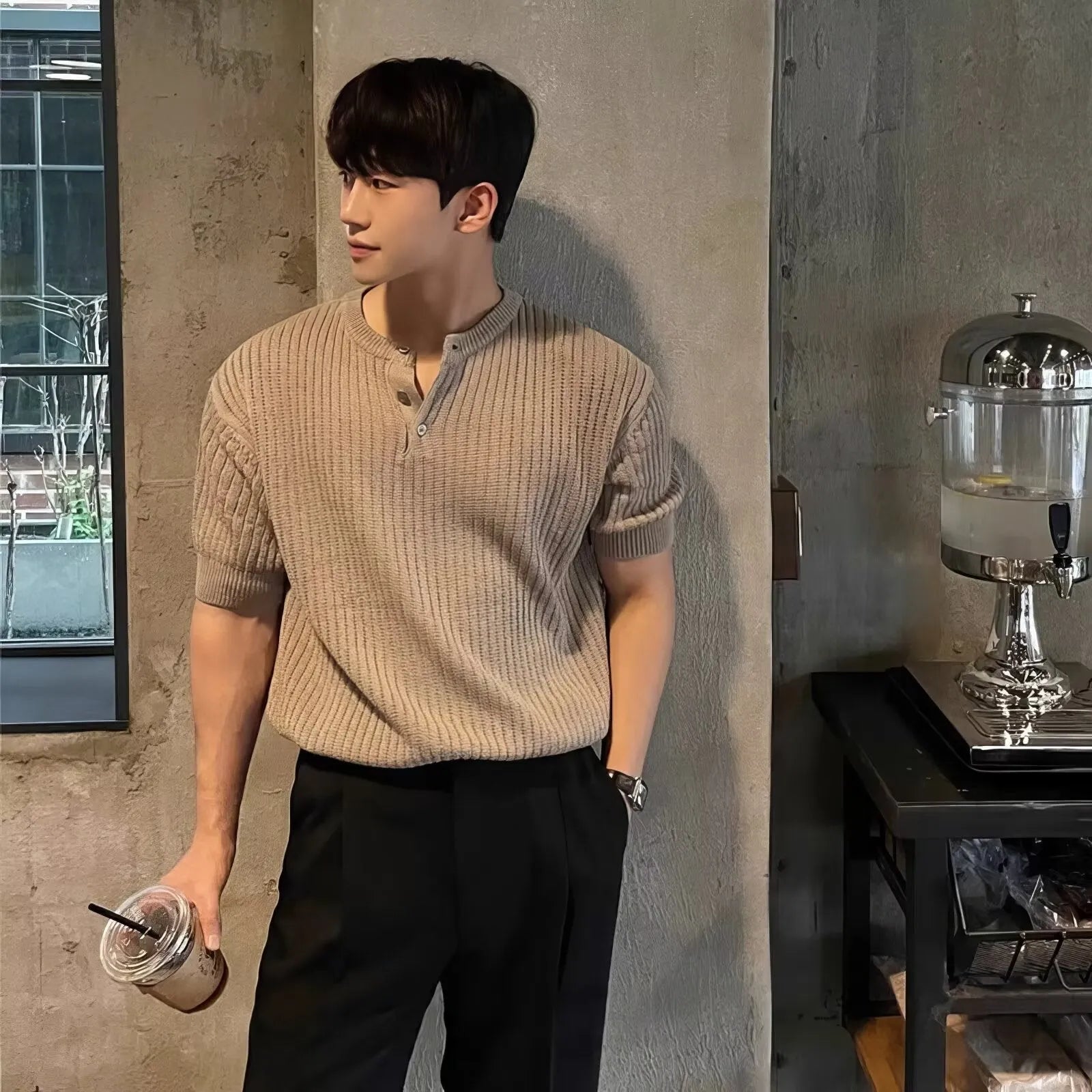 Men's short sleeve vertical stripes ice silk slim fit pullover shirt in black, white, and khaki colours