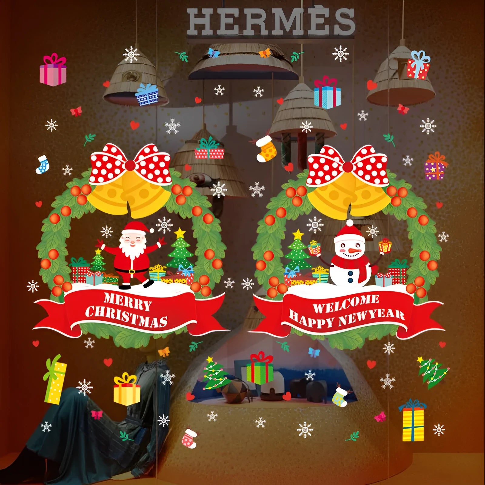 Colourful cartoon Christmas static wall sticker with 60x45cm dimensions for window decoration