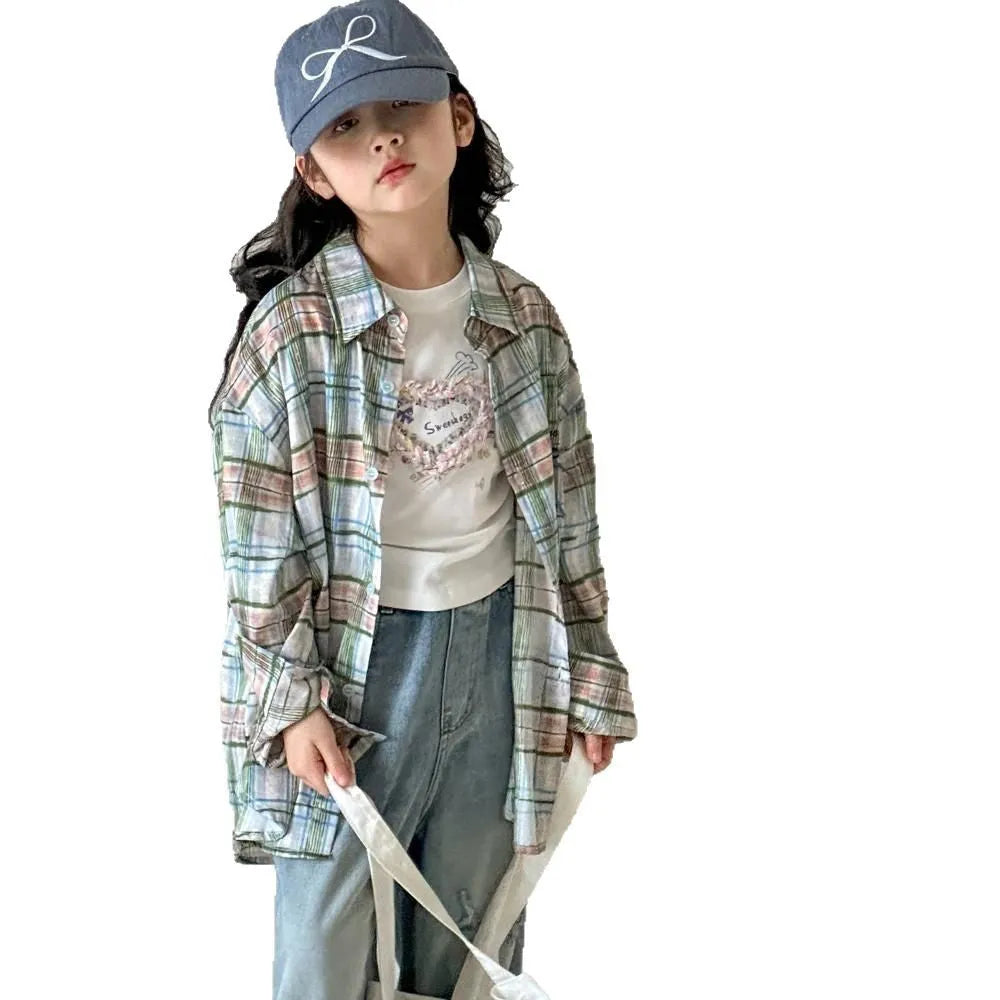Little Red Fish girls blue plaid cotton long sleeve shirt on plain background