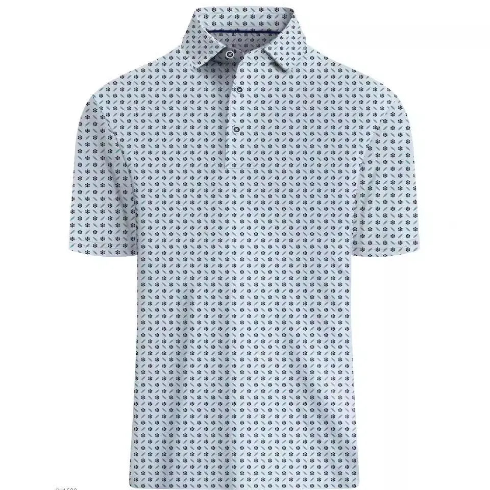 Men's grey short sleeve shirt with 3D printed graphic design and a front zip detail.