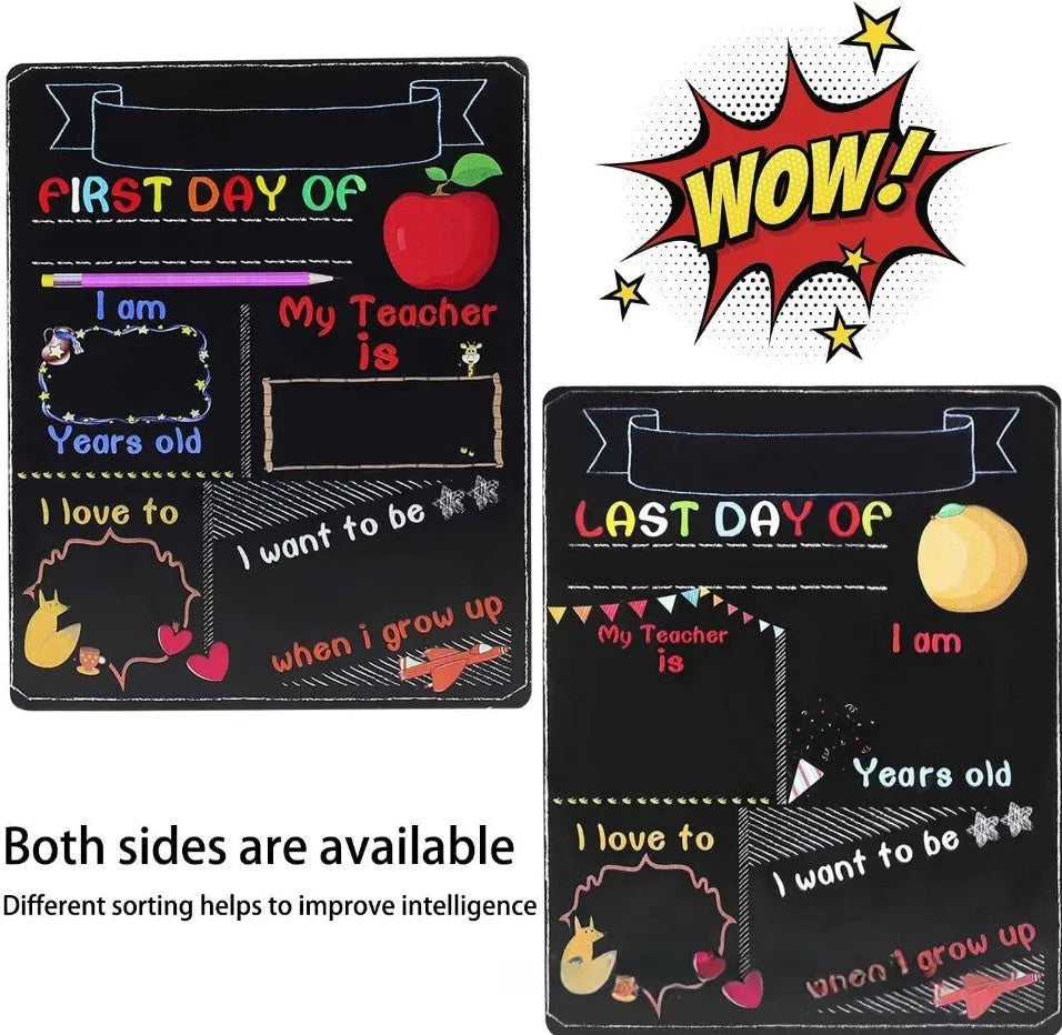Wooden first day of school blackboard ornament measuring 25.5 by 30 centimetres.