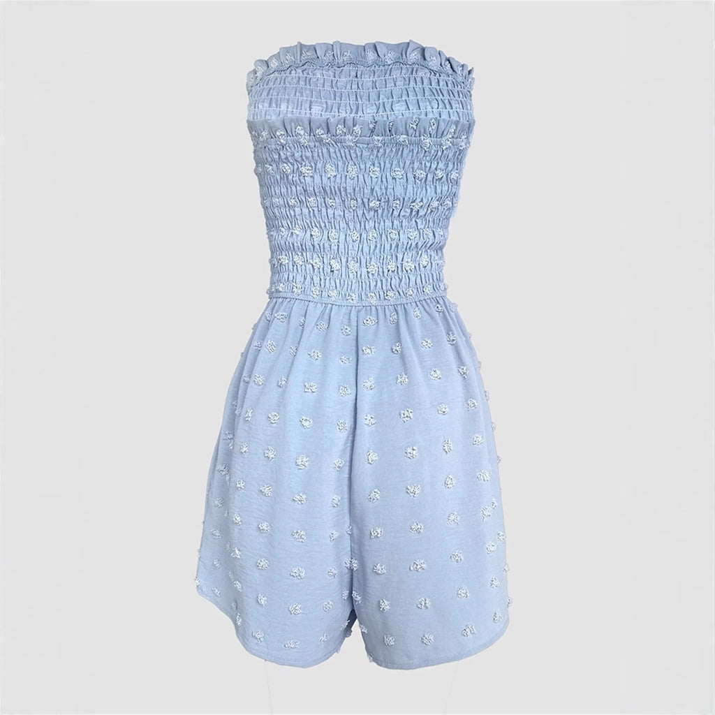 Women's blue off-shoulder jumpsuit with button detail and fifth pants length